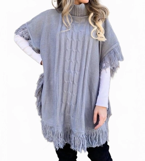 Cozy Wearable Cable Knitted Fringe Tunic Poncho Top In Grey