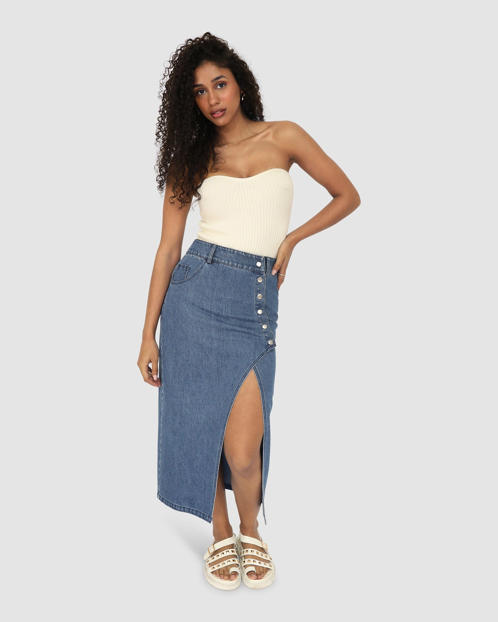 Contemporary Design Matching Belt Can't Forget You Denim Midi Skirt