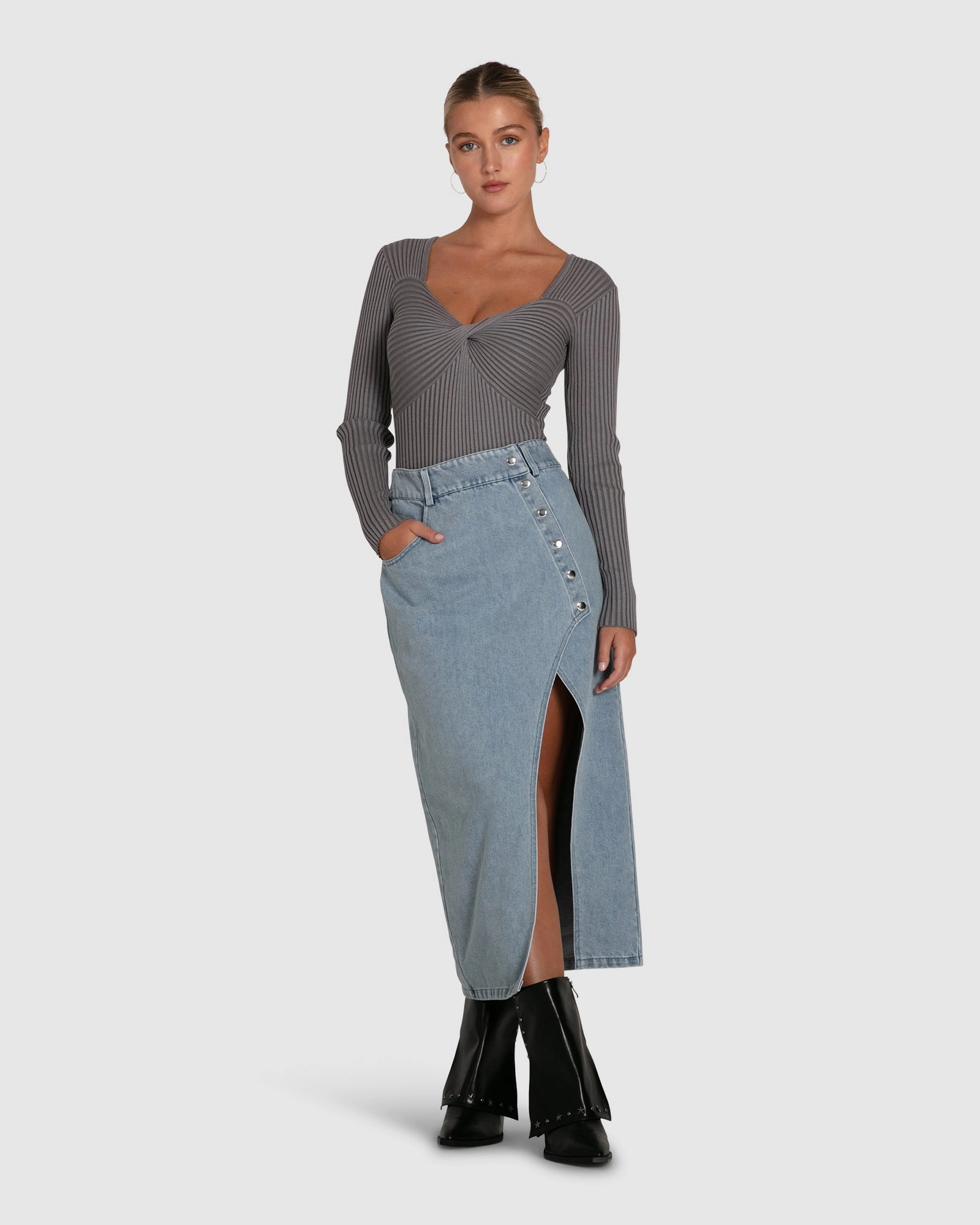 Can't Forget You Denim Midi Skirt Comfy Fit Recycled Polyester