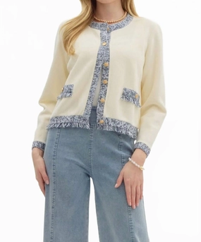 Knit Long Sleeve Cardigan In Cream/ Navy Knit Comfort Wear