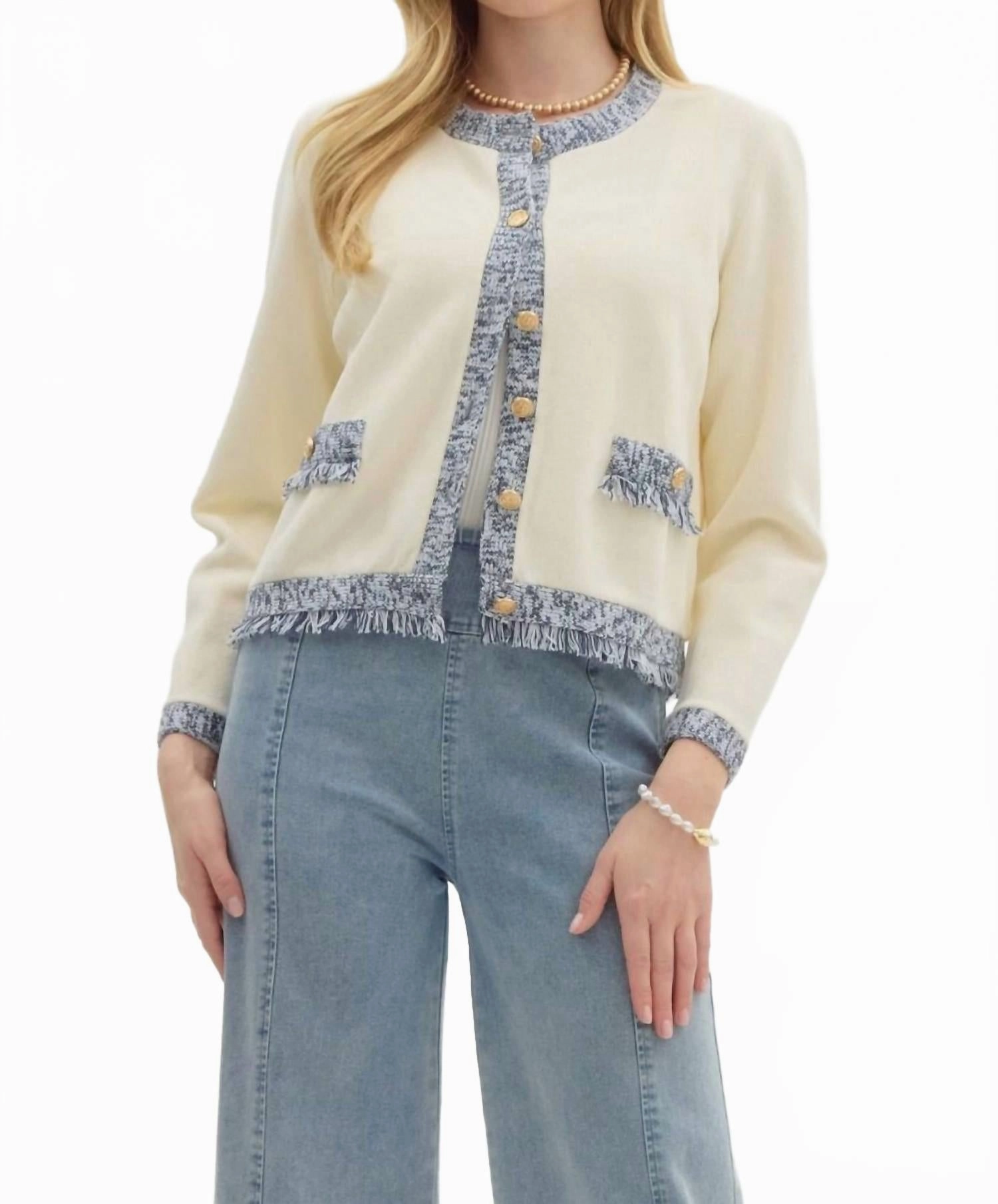 Modern Knitwear Knit Long Sleeve Cardigan In Cream/ Navy