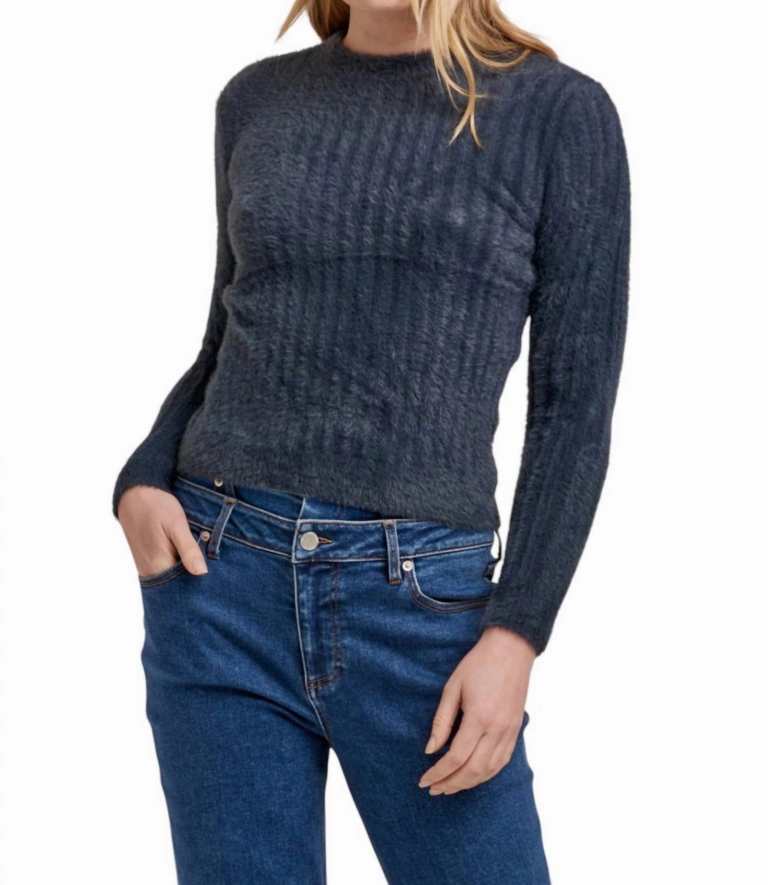 Comfy Vibe Luxe Touch Carrey Mid Neck Long Sleeve Sweater In Graphite