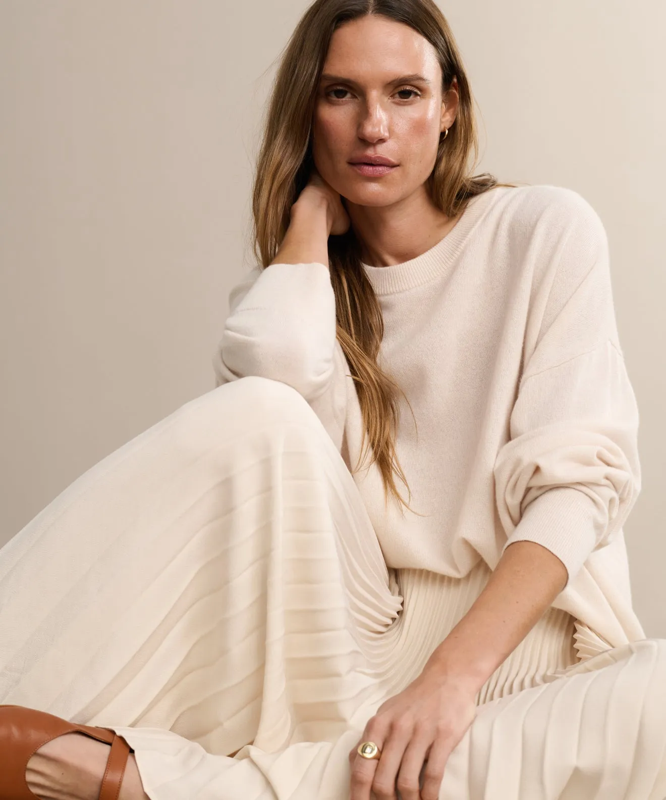 Layered Knit Textured Slub Yarn Cashmere Marina Crewneck