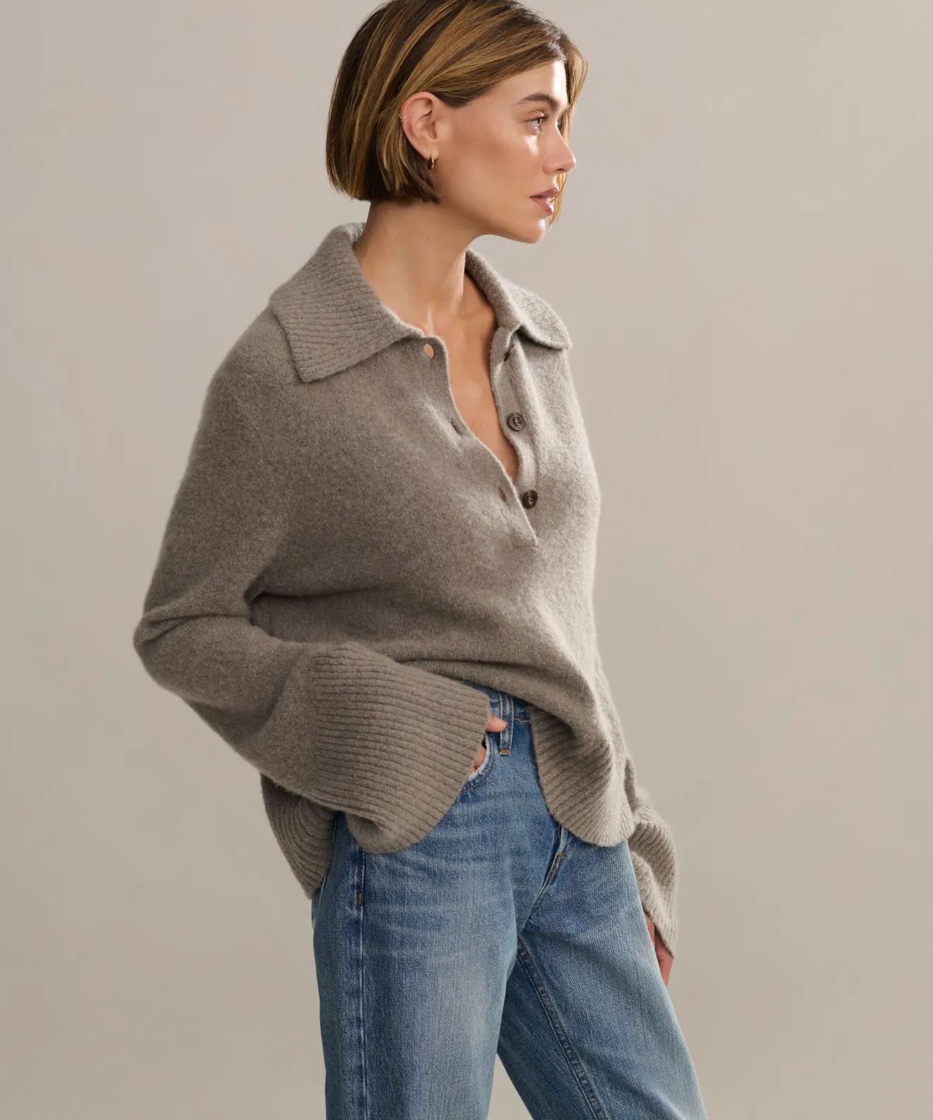 Natural Fiber Construction Twisted Cable Pattern Cashmere Stevie Polo