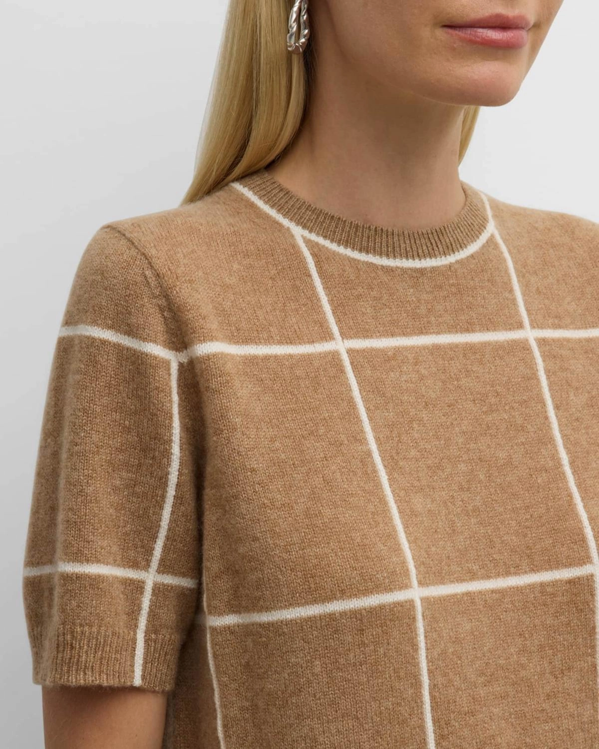 Everyday Wear Comfy Material Cashmere Grid Intarsia Short-Sleeve Pullover In Camel Multi