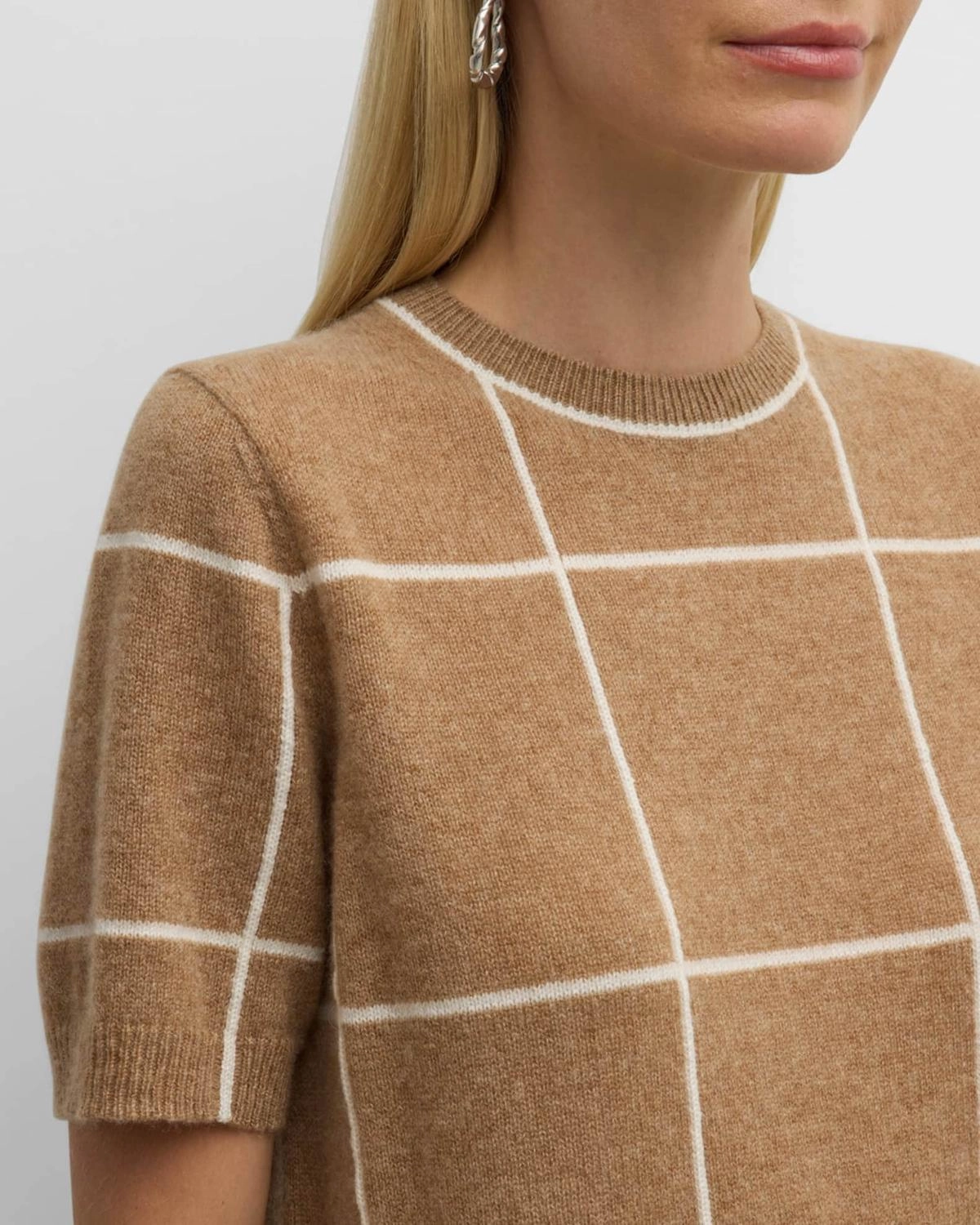 Cashmere Grid Intarsia Short-Sleeve Pullover In Camel Multi Stylish Layer Chilly Day Outfit