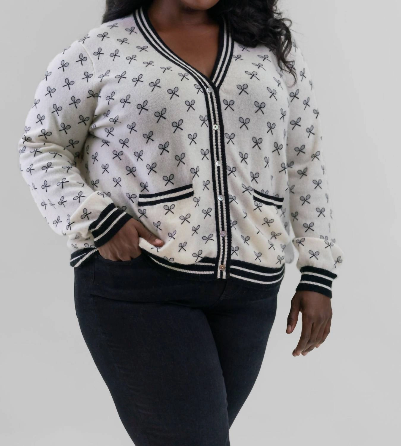 Cashmere Tennis Club Print Cardigan - Plus Size In White Outdoor Ready Simple Cozy