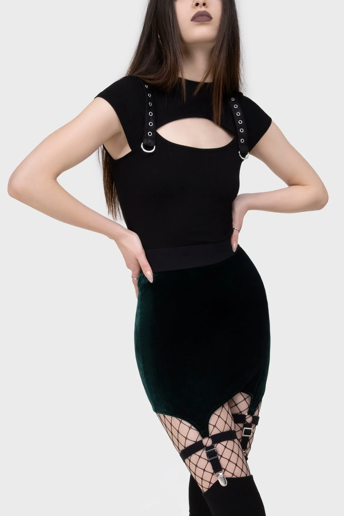 Smooth Texture Adjustable drawstring Cassandra Velvet Mini Skirt [EMERALD]