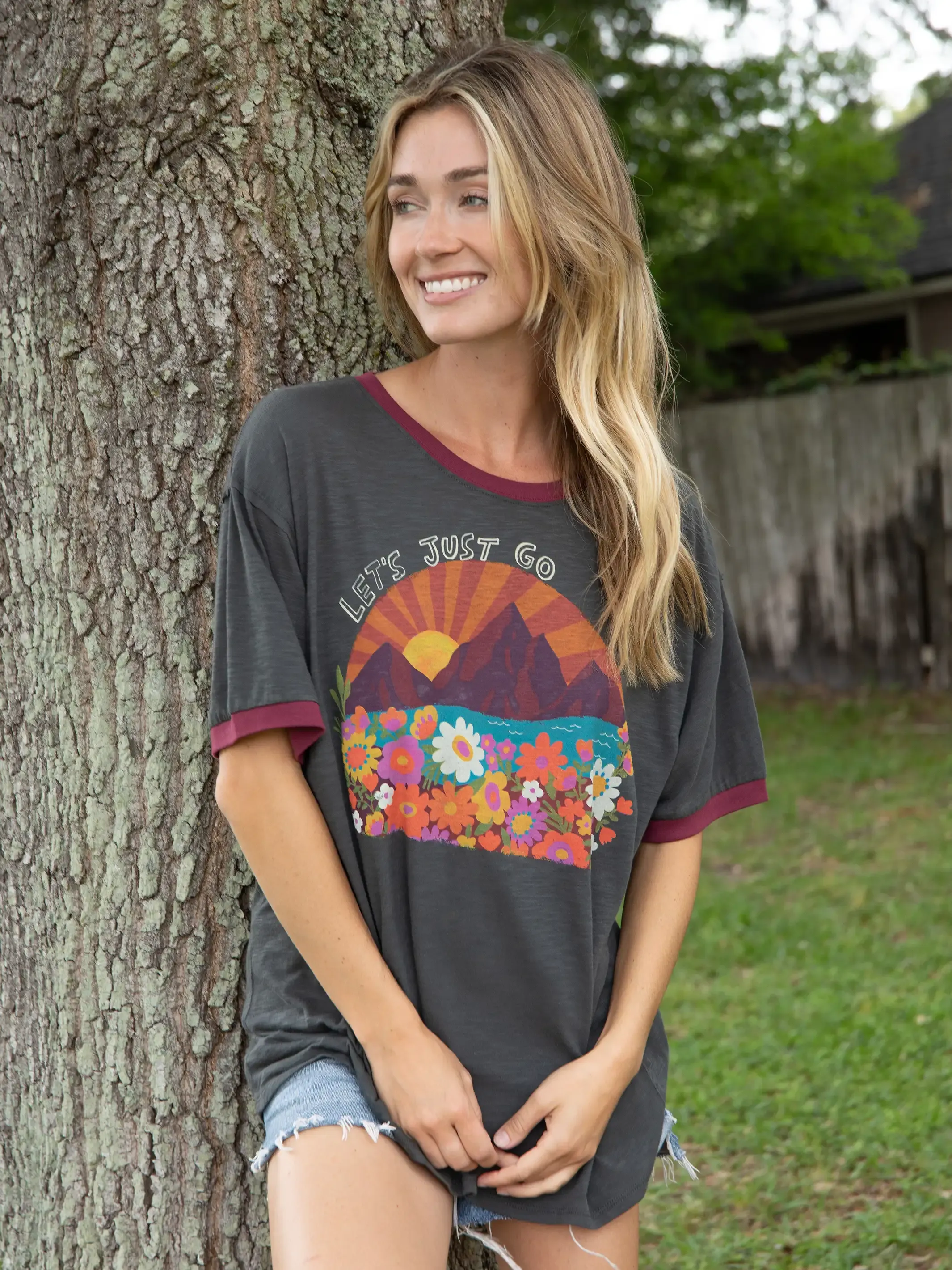 Side Vent Design Ringer Oversized Tee Shirt - Let's Just Go