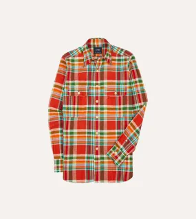 Autumn Look Denim Blend Red and Green Madras Check Cotton-Linen Two-Pocket Work Shirt