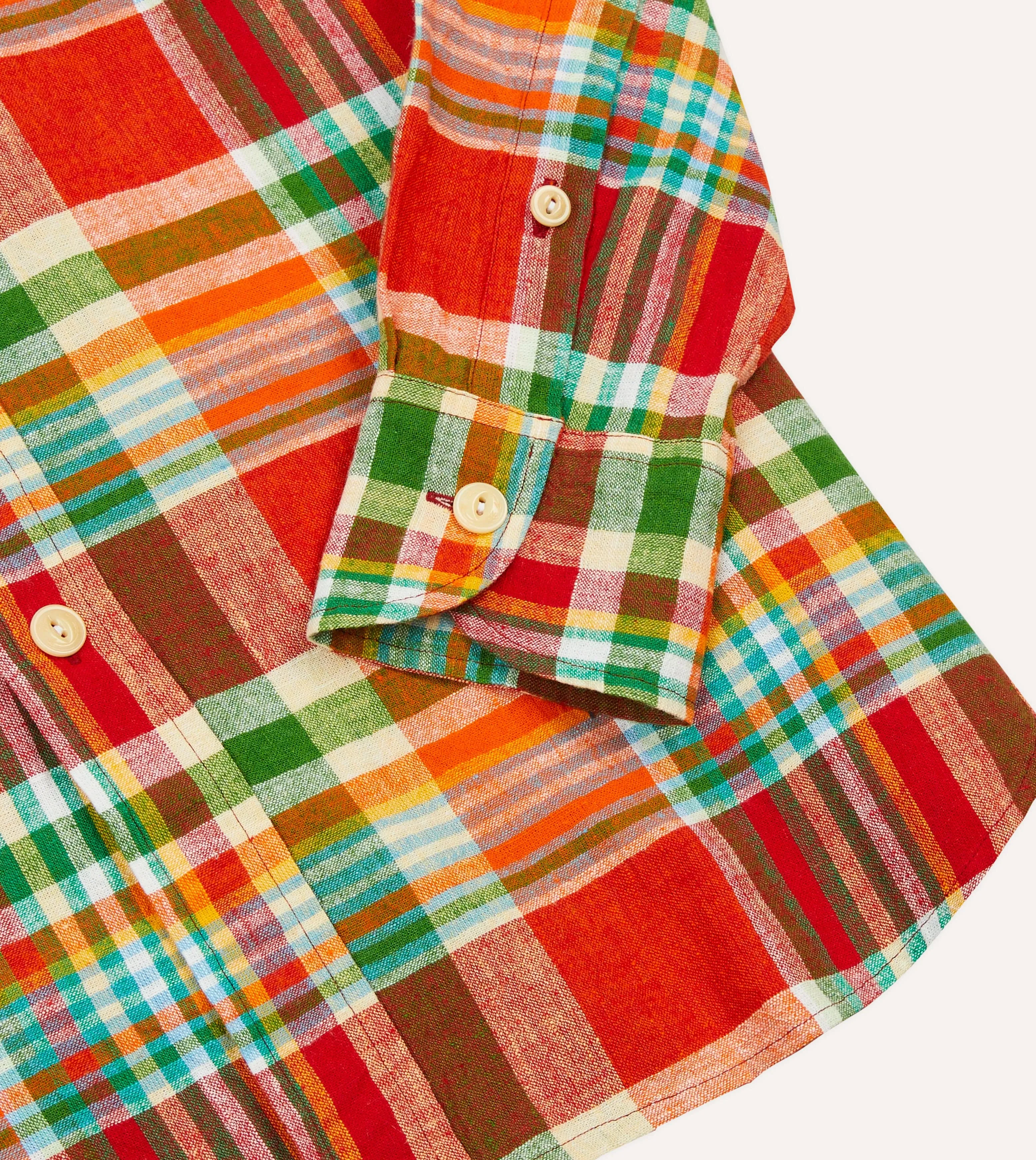 Flexible Knit Red and Green Madras Check Cotton-Linen Two-Pocket Work Shirt