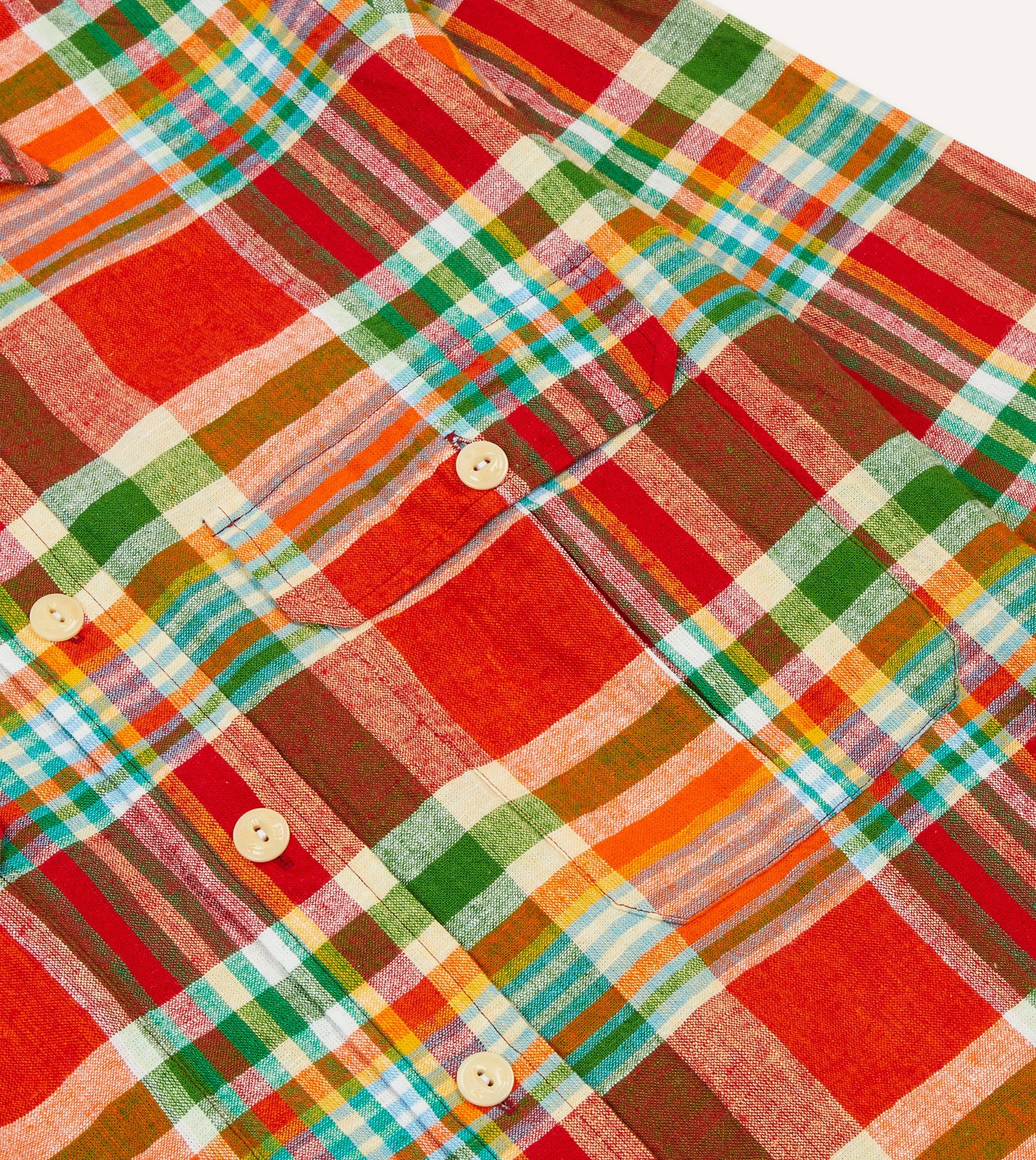 Comfort Stretch All-Weather Ready Red and Green Madras Check Cotton-Linen Two-Pocket Work Shirt