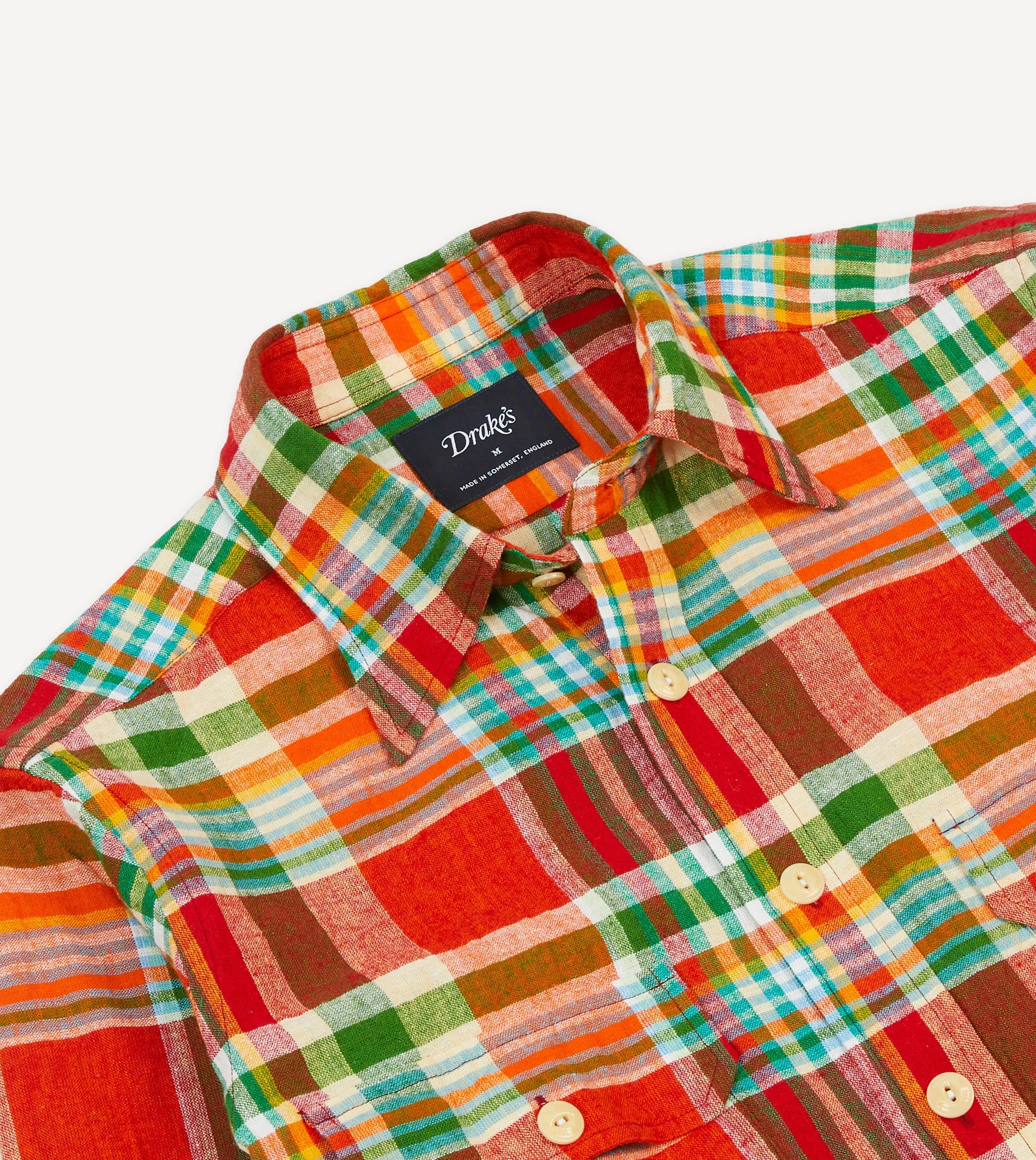 Athletic Look Geometric Print Red and Green Madras Check Cotton-Linen Two-Pocket Work Shirt