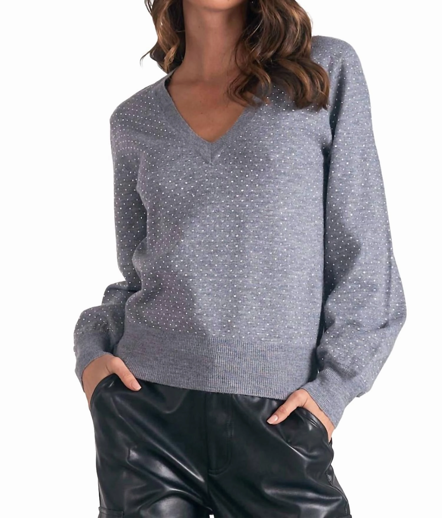 V-Neck Rinestone Sweater Top In Grey Snuggle Look Cozy Fleece