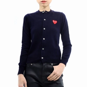 Comme Des Garcons Play Ladies Navy Long Sleeve Logo Cardigan Comfy Knit Outfit