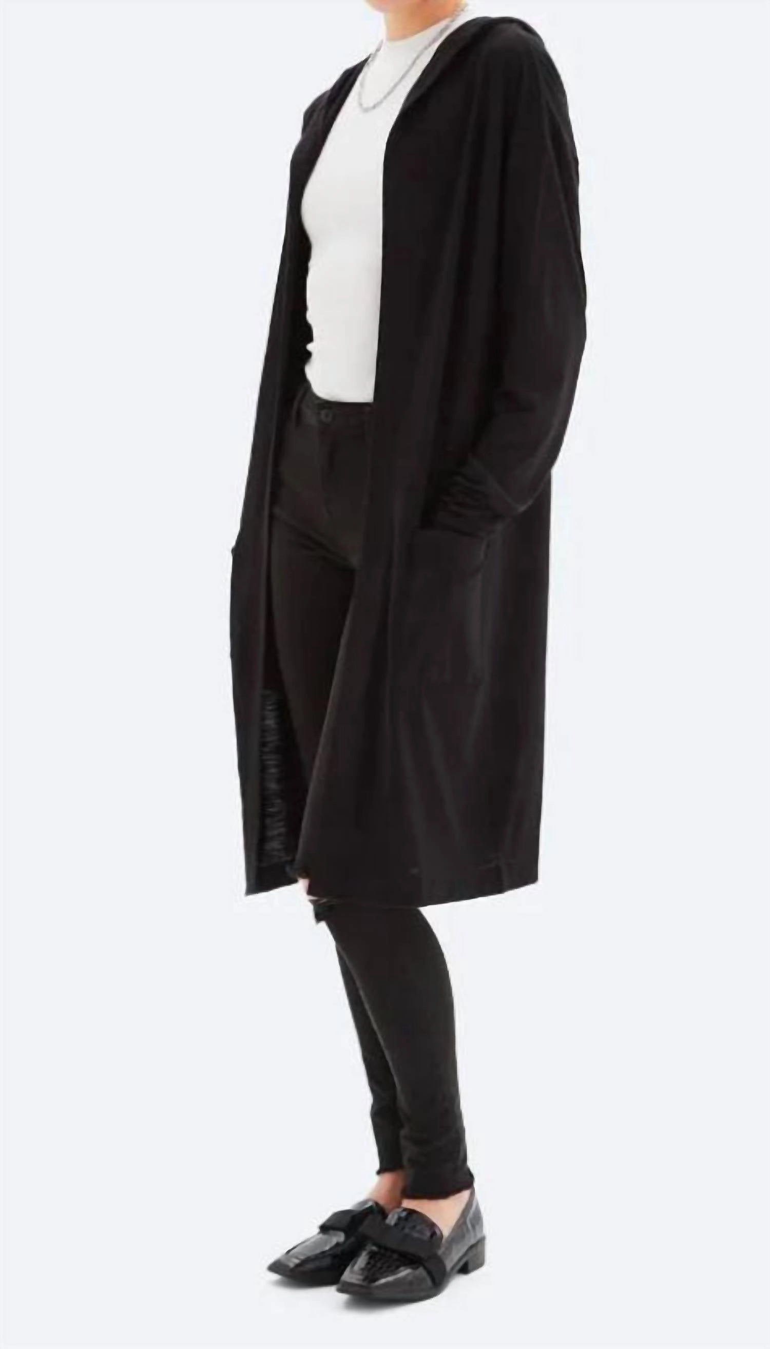 Valery Hooded Cardigan In Black Subtle Texture Detail Cozy Essentials