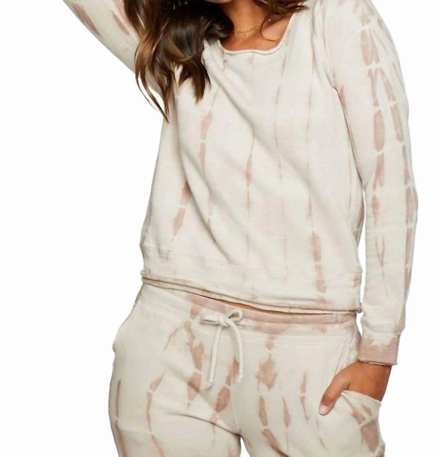 Light Reflective Yarn All-day Comfort Linen French Terry Long Sleeve Raw Edge Raglan Pullover In Sandbar Tie Dye