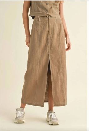 Casually Long Skirt In Olive Adjustable Closure Bold Print