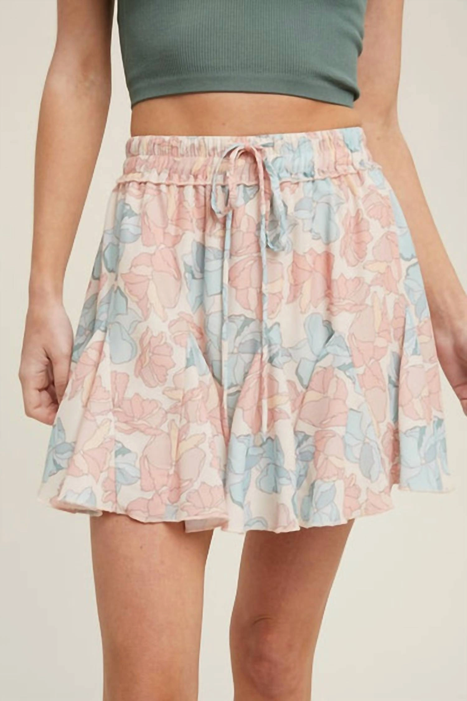 Floral Print Ruffle Mini Skirt In Blush Embossed Detail