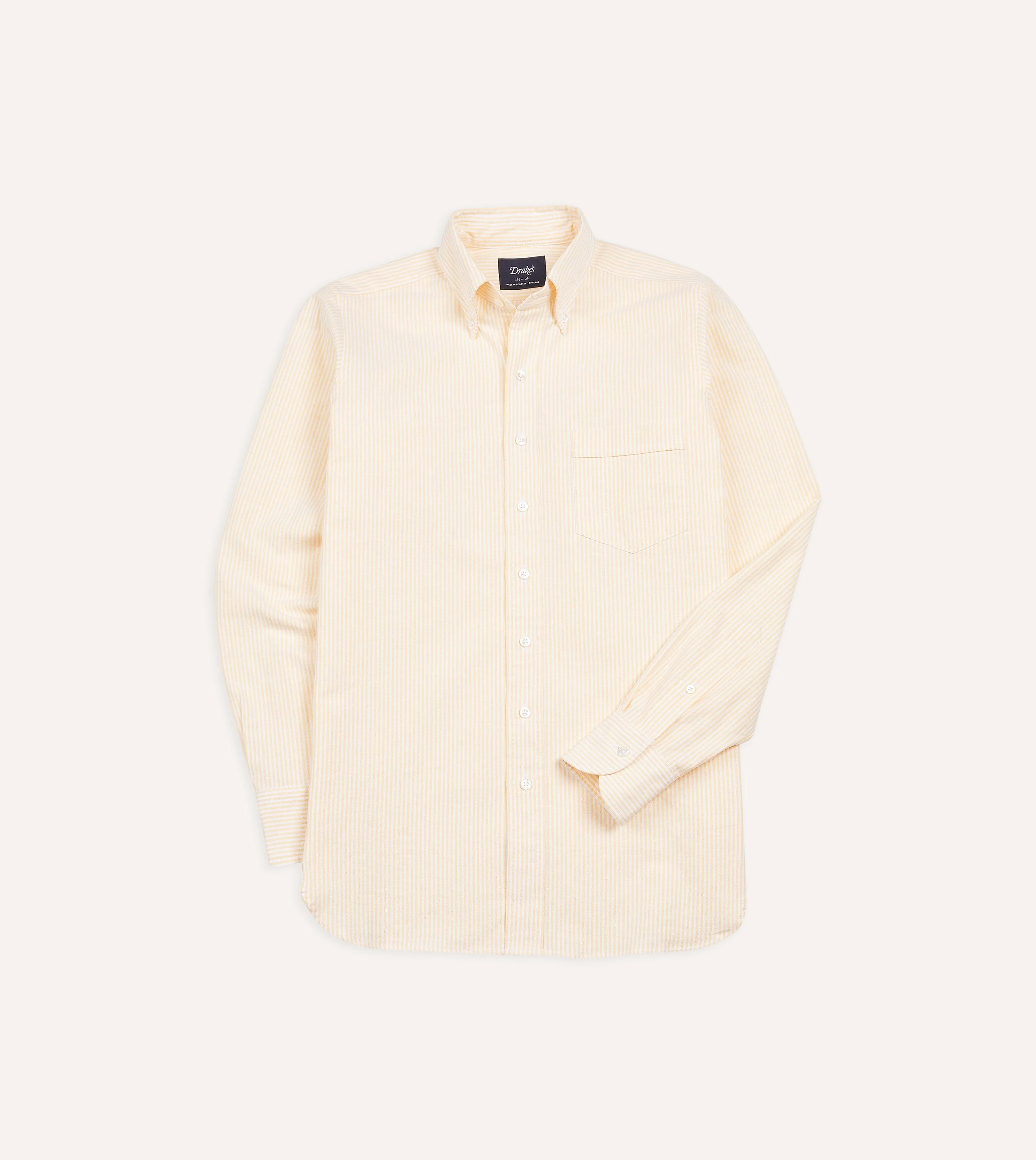 Yellow Ticking Stripe Cotton Oxford Cloth Button-Down Shirt Cocktail Party Moisture wicking