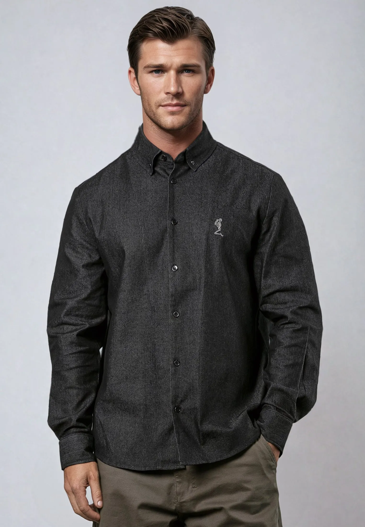 Breathable Lining Travel-friendly CHAMBRAY BUTTON DOWN SHIRT CHARCOAL