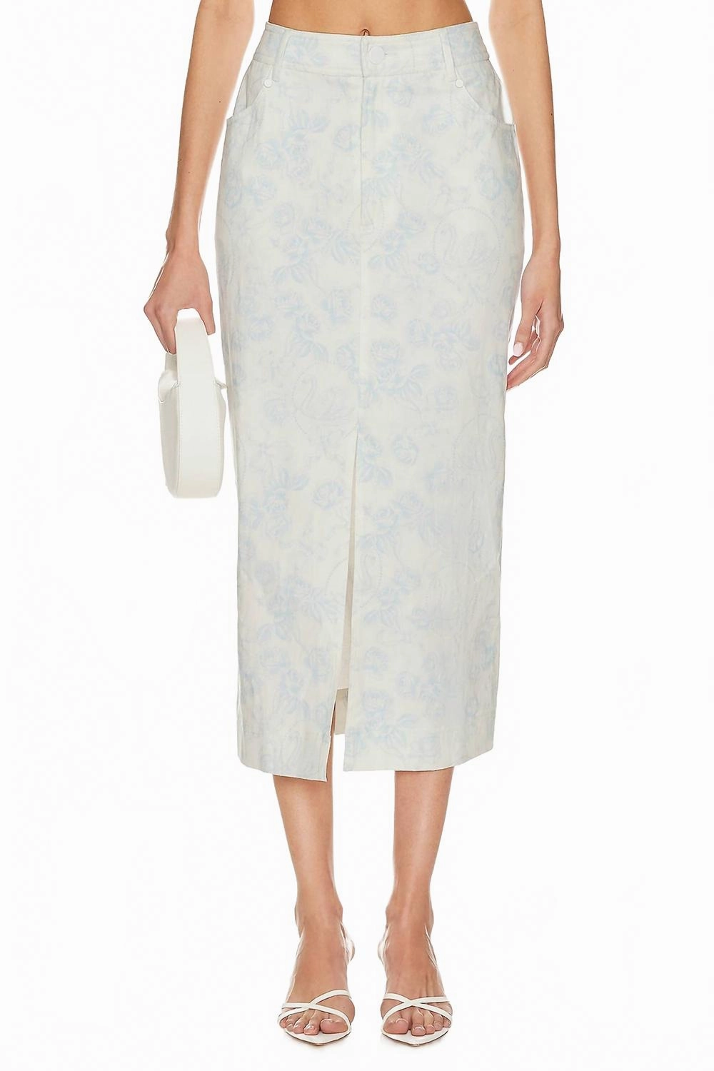 Chantal Denim Midi Skirt In Blue Floral Embroidered Detail