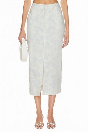 Chantal Denim Midi Skirt In Blue Floral Embroidered Detail