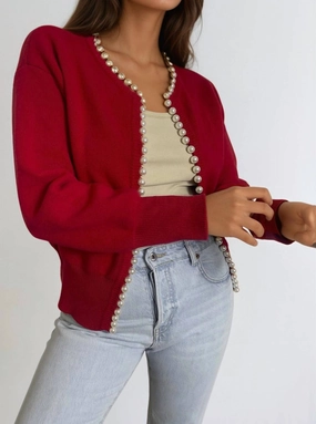 Charlotte Pearl Trim Cardigan In Red Drop Shoulder