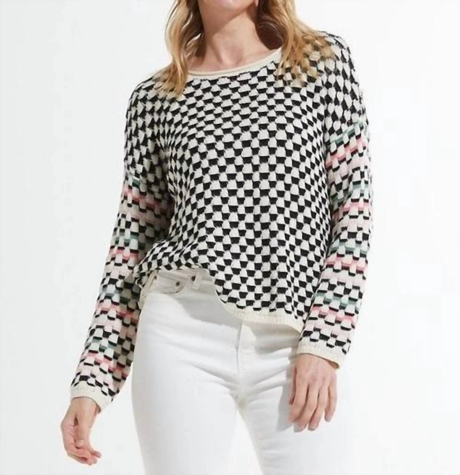Ribbed Hem Detailing Fine Gauge Checked Sweater -Plus In Vanilla