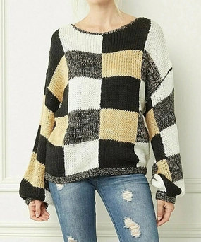 Reinforced Cuffs Low carbon footprint Checkered Plaid Sweater In Black Multi