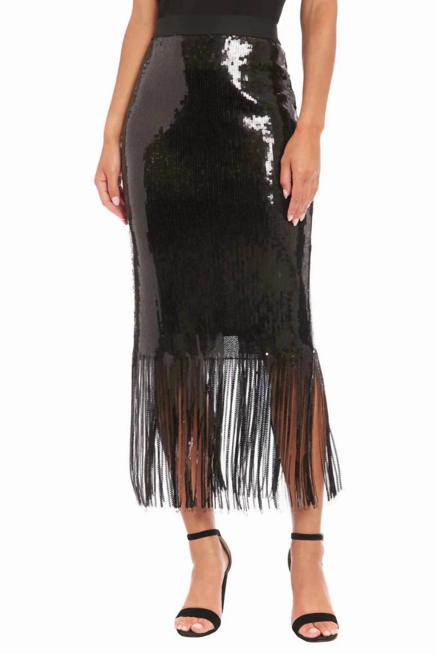 Mid Rise Outfit Essence Chelsea Sequin Fringe Skirt In Black