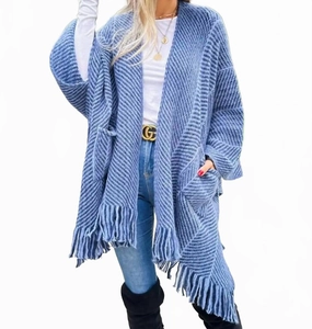 Chevron Knitted Ruana Cardigan With Tassel And Pocket In Blue Soft Fabric Look