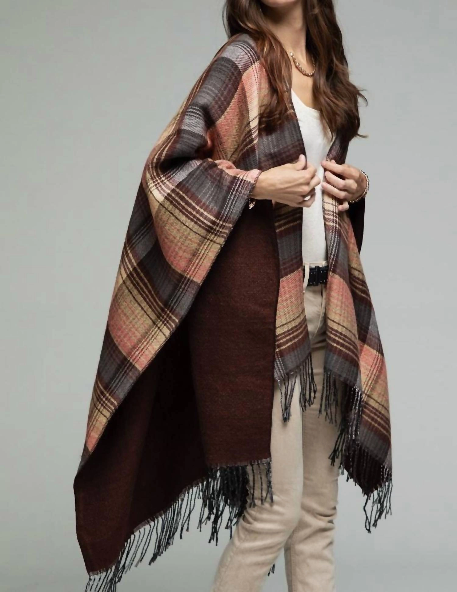 Recycled Yarn Tassel Checked Poncho In Winter Berry