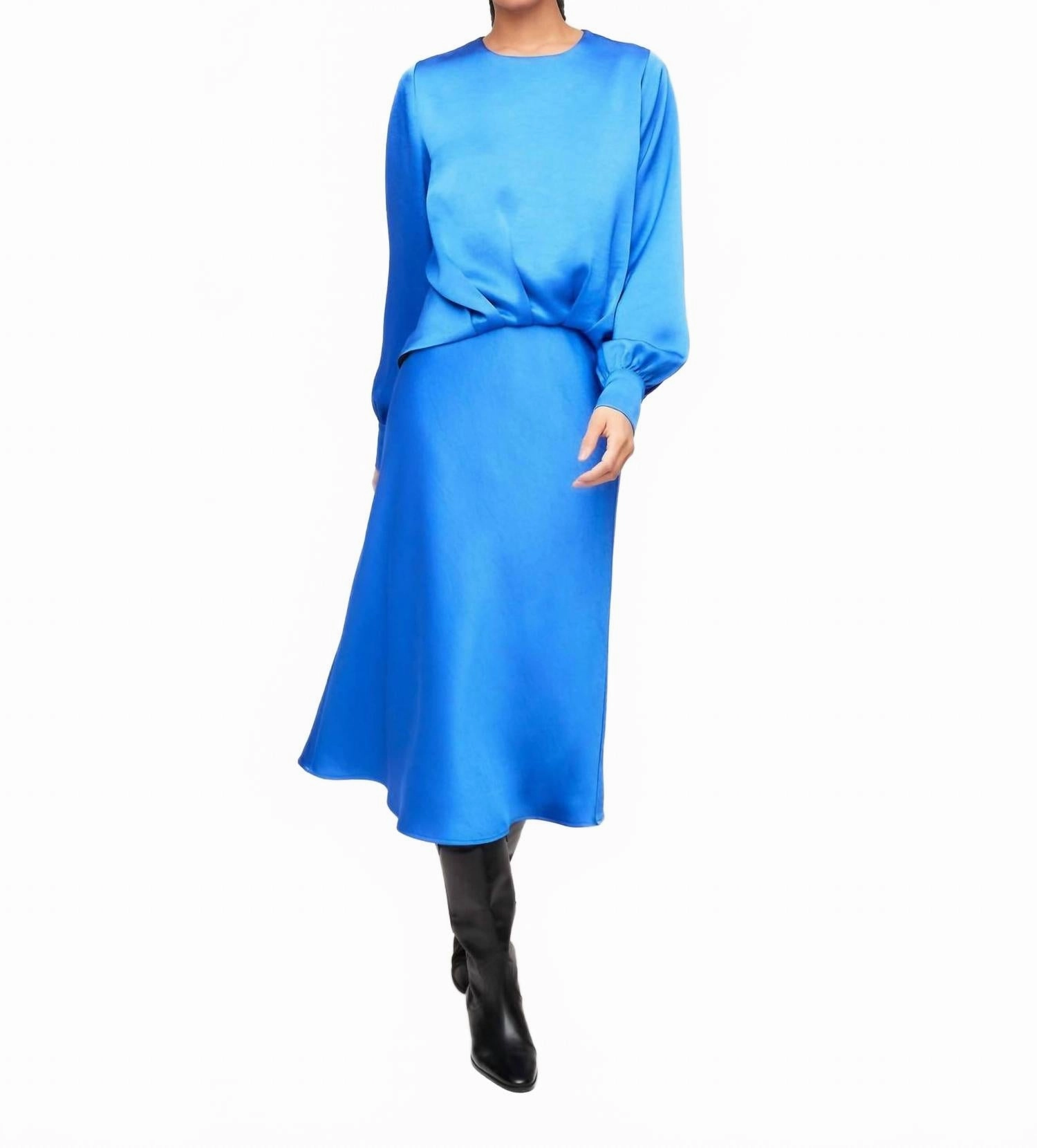 Mia Bias Satin Midi Skirt In Electric Blue Lightweight Material