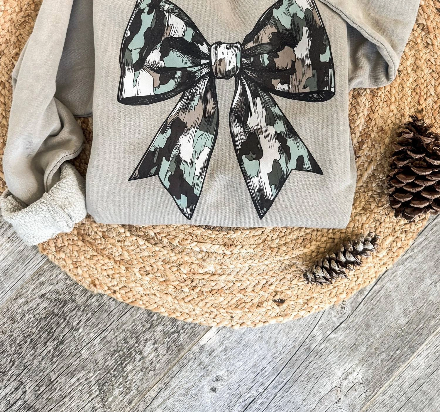Women's Camo Bow Sweatshirt In Khaki Cozy and trendy