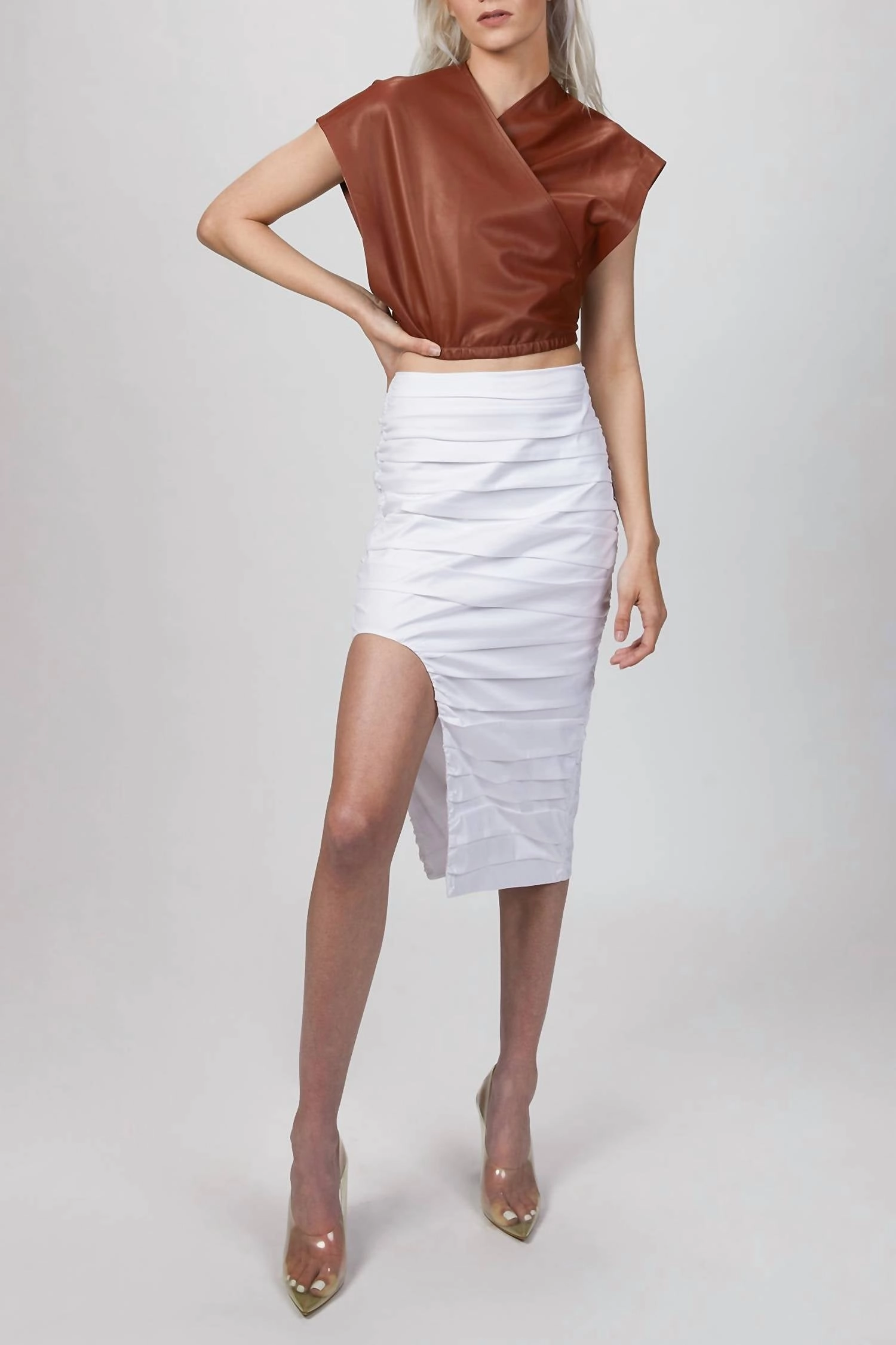 Ruched Midi Skirt In White Urban Edge