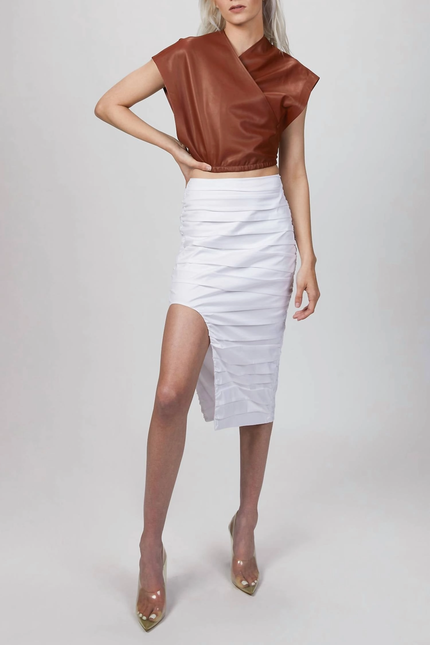 Breathable Lining Ruched Midi Skirt In White