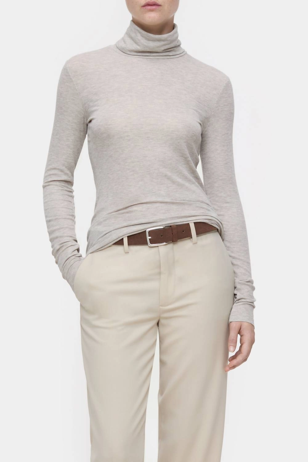 Anti Static Finish Wool Blend Turtleneck In Pearl Beige
