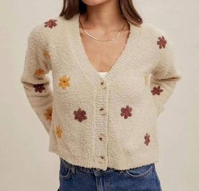 Fast Drying Cozy Embroidered Button Down Cardigan In Ecru
