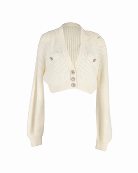 Relaxed Knit Cozy Chic Alessandra Rich Crystal-Button Cropped Cardigan in Cream Wool