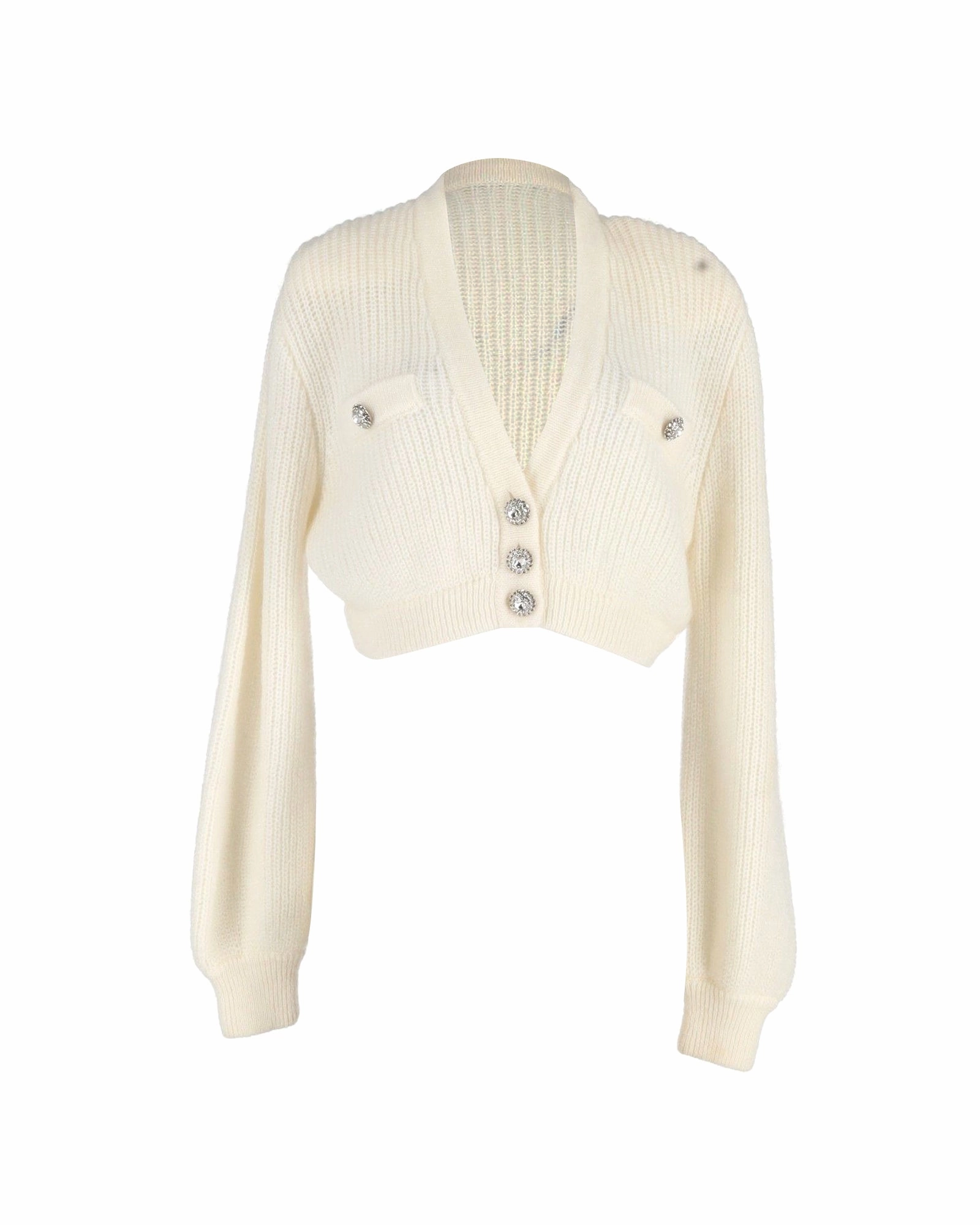 Alessandra Rich Crystal-Button Cropped Cardigan in Cream Wool Trendy Layering