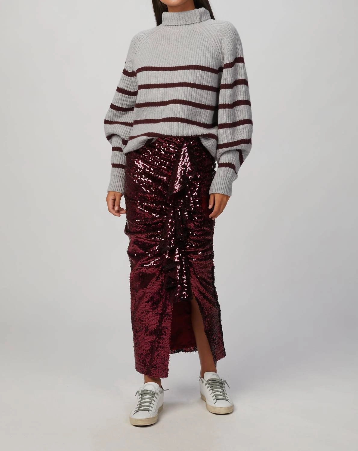 Fiona Striped Sweater In Light Grey/burgundy Cozy Design