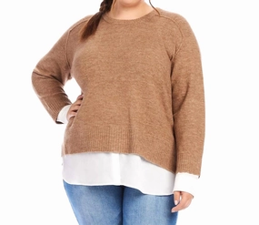 Breathable Warmth Plus Size Layered Crewneck Sweater In Wheat