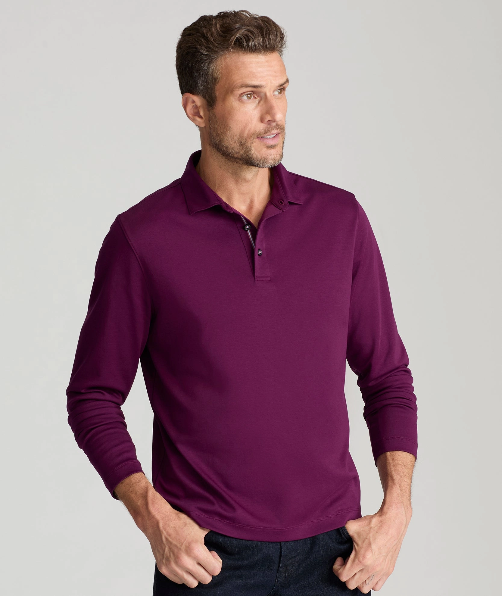 Athletic Cut Wrinkle-Free Damaschino Long-Sleeve Polo