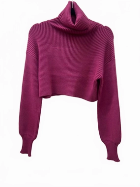 Women's Cropped Turtleneck Sweater In Magenta Knit Design