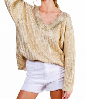 Chunky Knit V-Neck Sweater In Metallic Gold Timeless Appeal