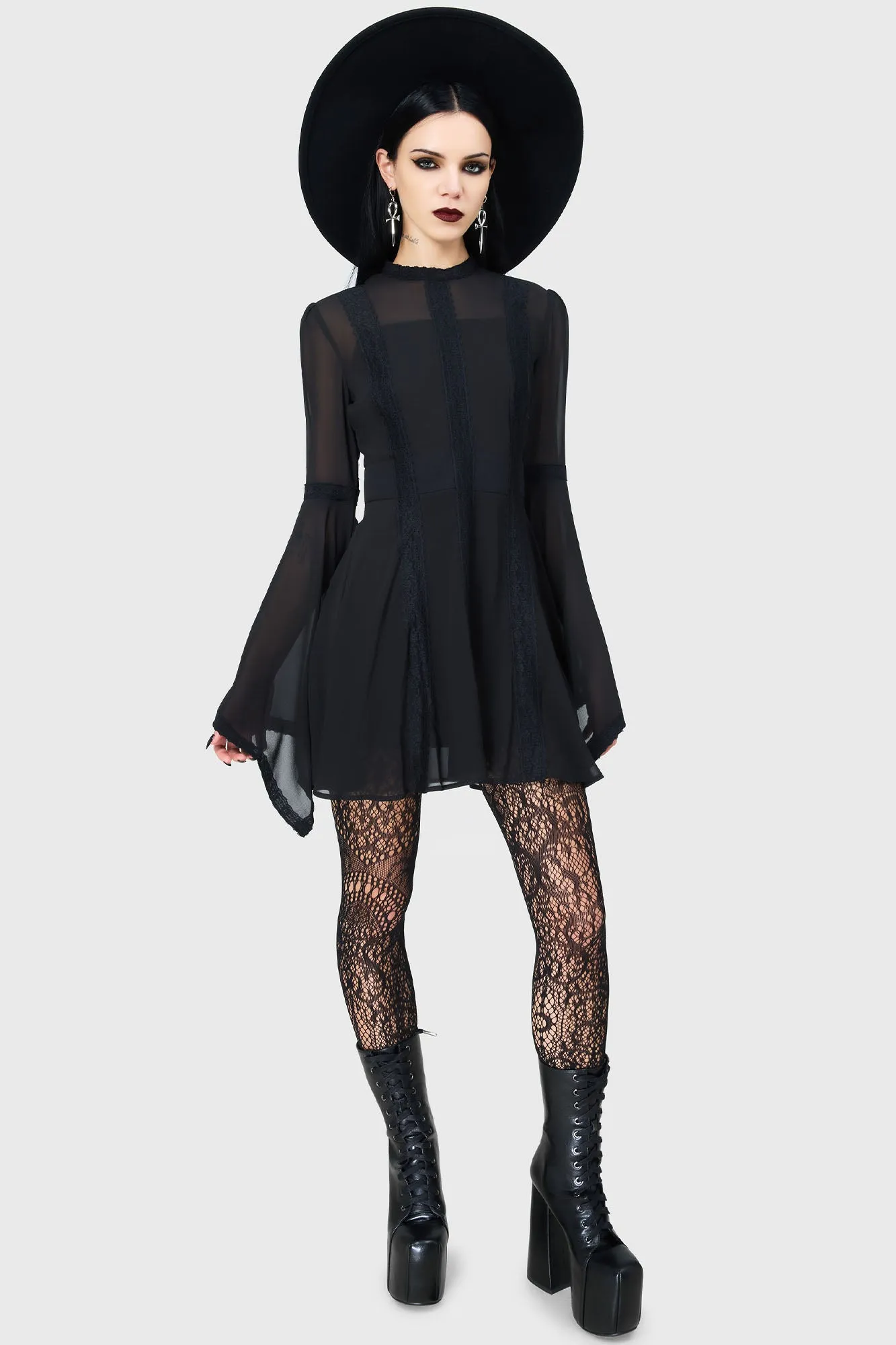 Tulle-Overlay Rhinestone-Detail Begone Long Sleeve Mini Dress [BLACK]