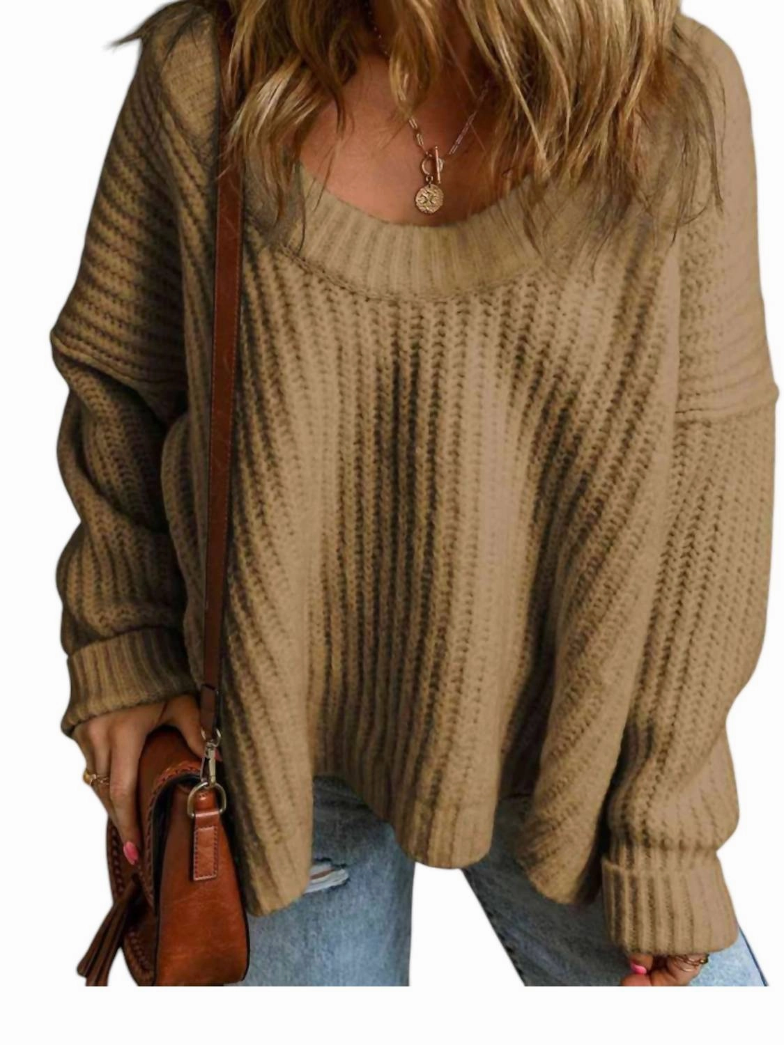 Soft Ribbed Knit Round Neck Slouchy Chunky Sweater In Brown Effortless Fashion