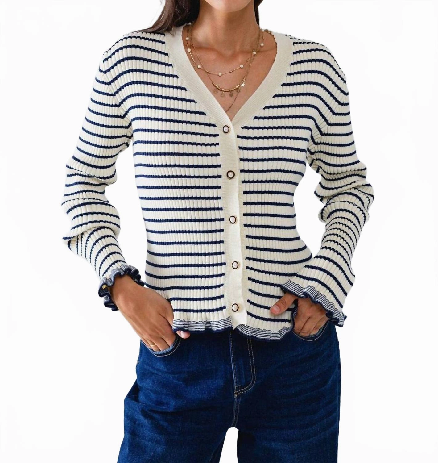 Anti Pilling Finish Striped Cardigan In White