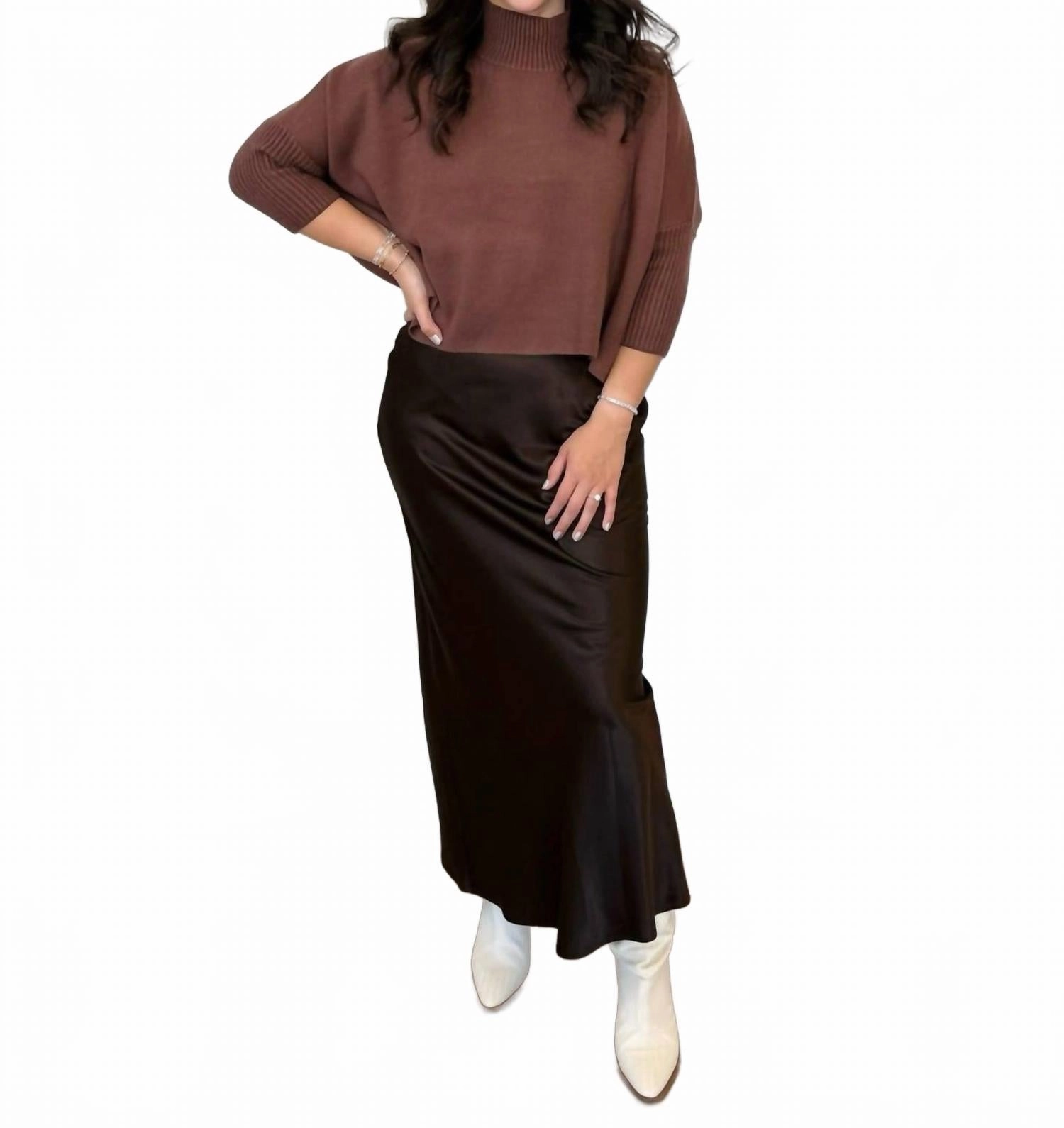 City Style Fold Over Detail Kenna Maxi Skirt In Dark Chocolate
